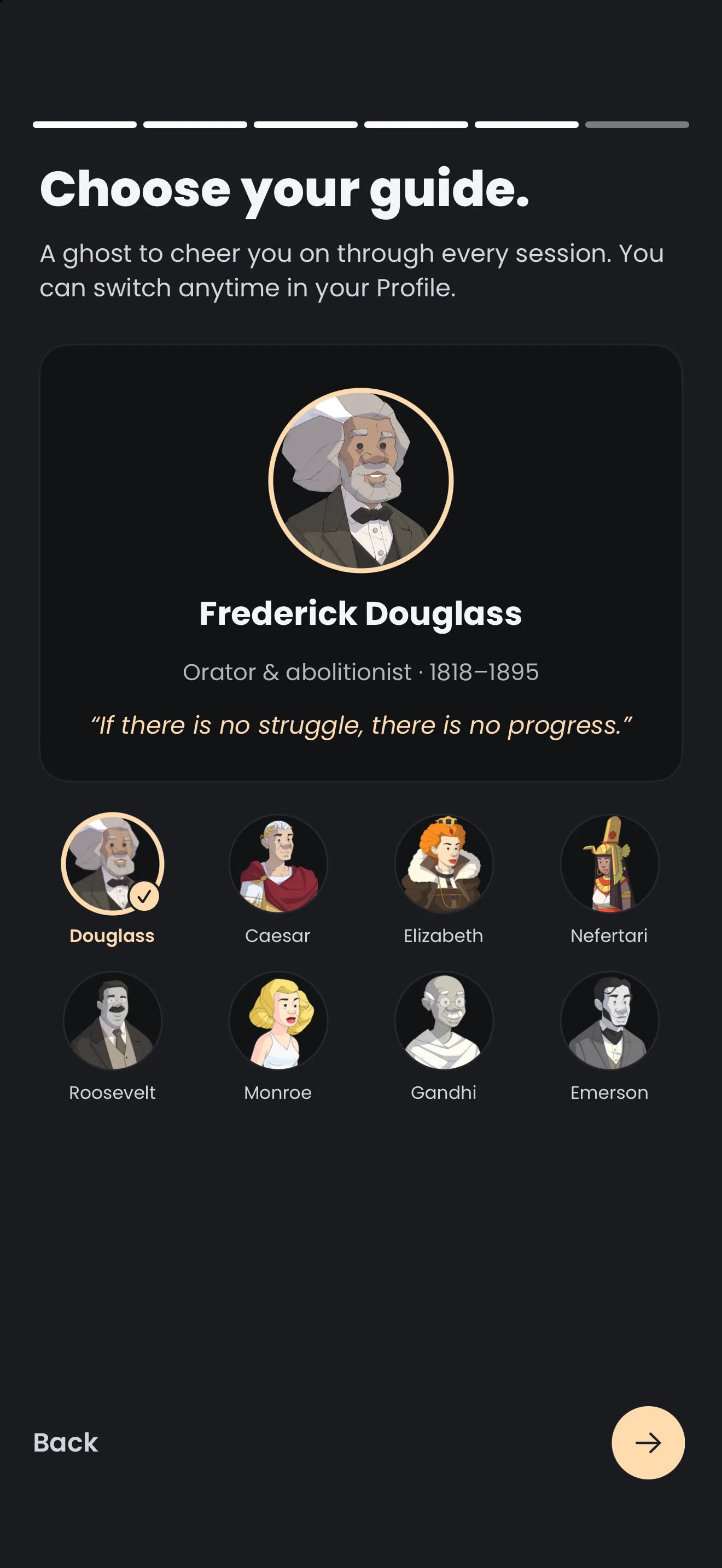 The Choose your guide screen, with a featured card for Frederick Douglass, Orator and abolitionist, and his quote, above a grid of eight guide portraits.