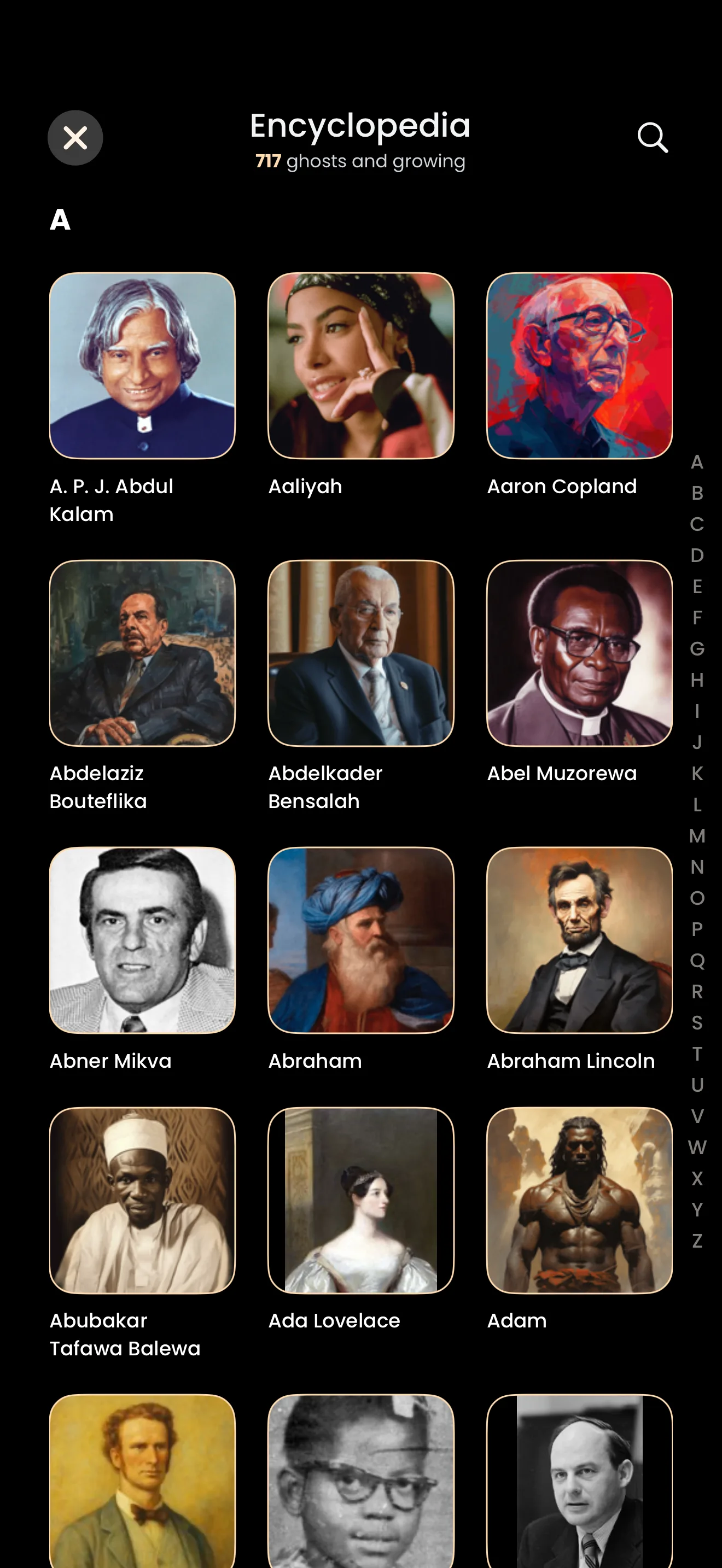 The Encyclopedia in the Catch the Ghost app, subtitled with the live count of ghosts and growing, with a grid of square ghost portraits under the letter A, from A. P. J. Abdul Kalam to Adam, and an A to Z index down the right edge.