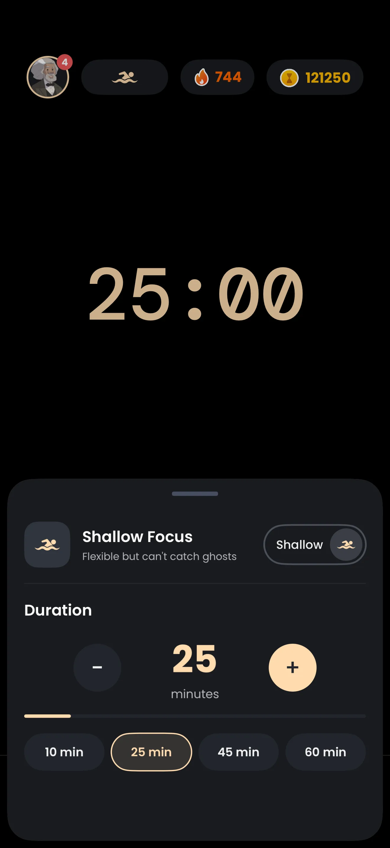 The Shallow Focus sheet on the Catch the Ghost timer: flexible but can't catch ghosts, set to 25 minutes with duration presets of 10, 25, 45 and 60 minutes.