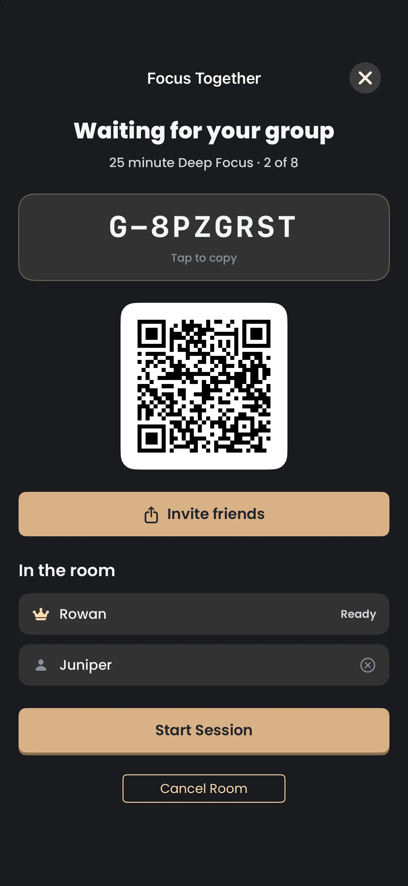 The Focus Together lobby, headed Waiting for your group: a room code, a QR code, an Invite friends button, the two people in the room and a Start Session button.