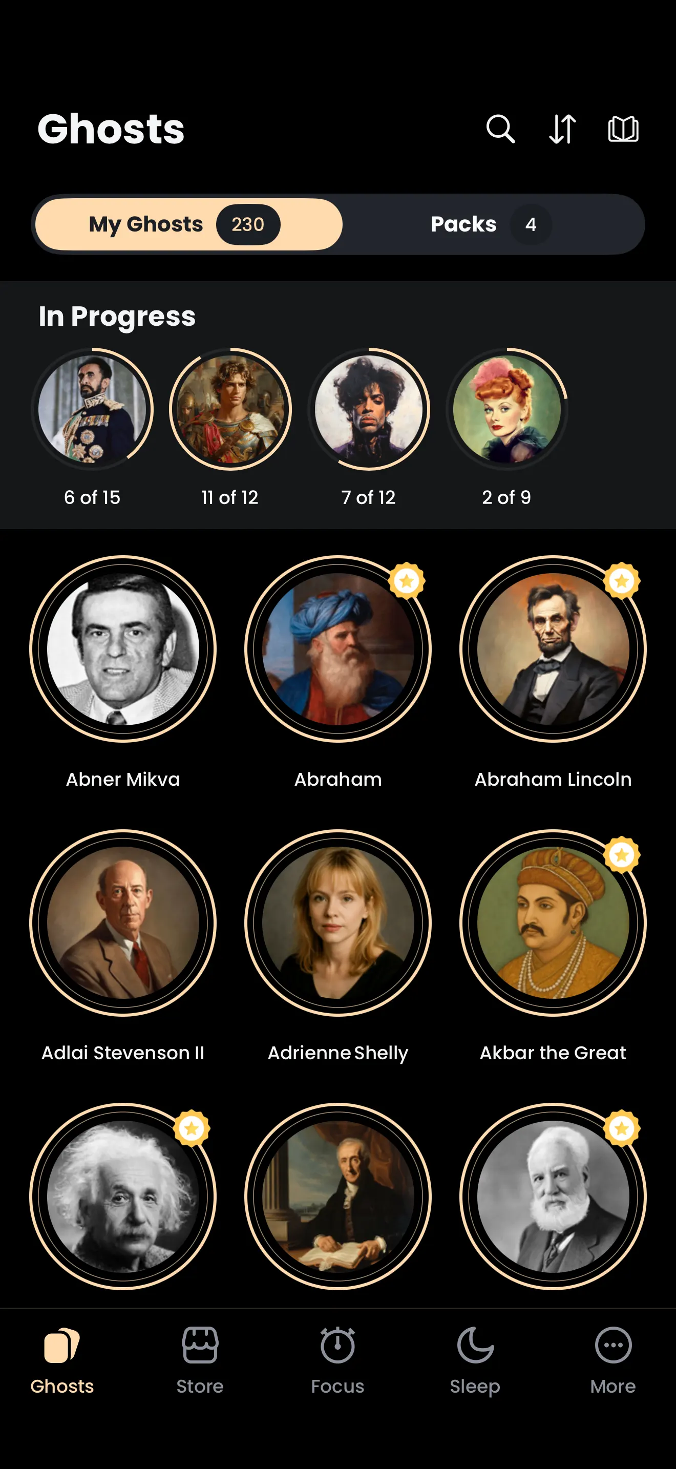 The Ghosts tab in the Catch the Ghost app, with My Ghosts 230 and Packs 4 tabs, an In Progress row of four part-read ghosts labelled 6 of 15, 11 of 12, 7 of 12 and 2 of 9 chapters, above a three-column grid of caught ghost portraits.