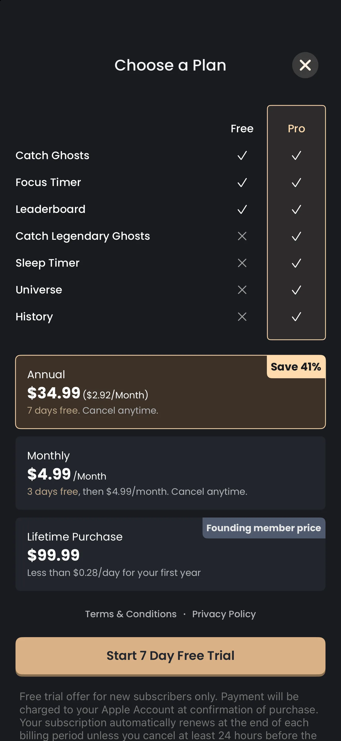 The Choose a Plan screen on iPhone, comparing Free and Pro, with Catch Legendary Ghosts, Sleep Timer, Universe and History available only on Pro, above Annual, Monthly and Lifetime plan cards and a free trial button.