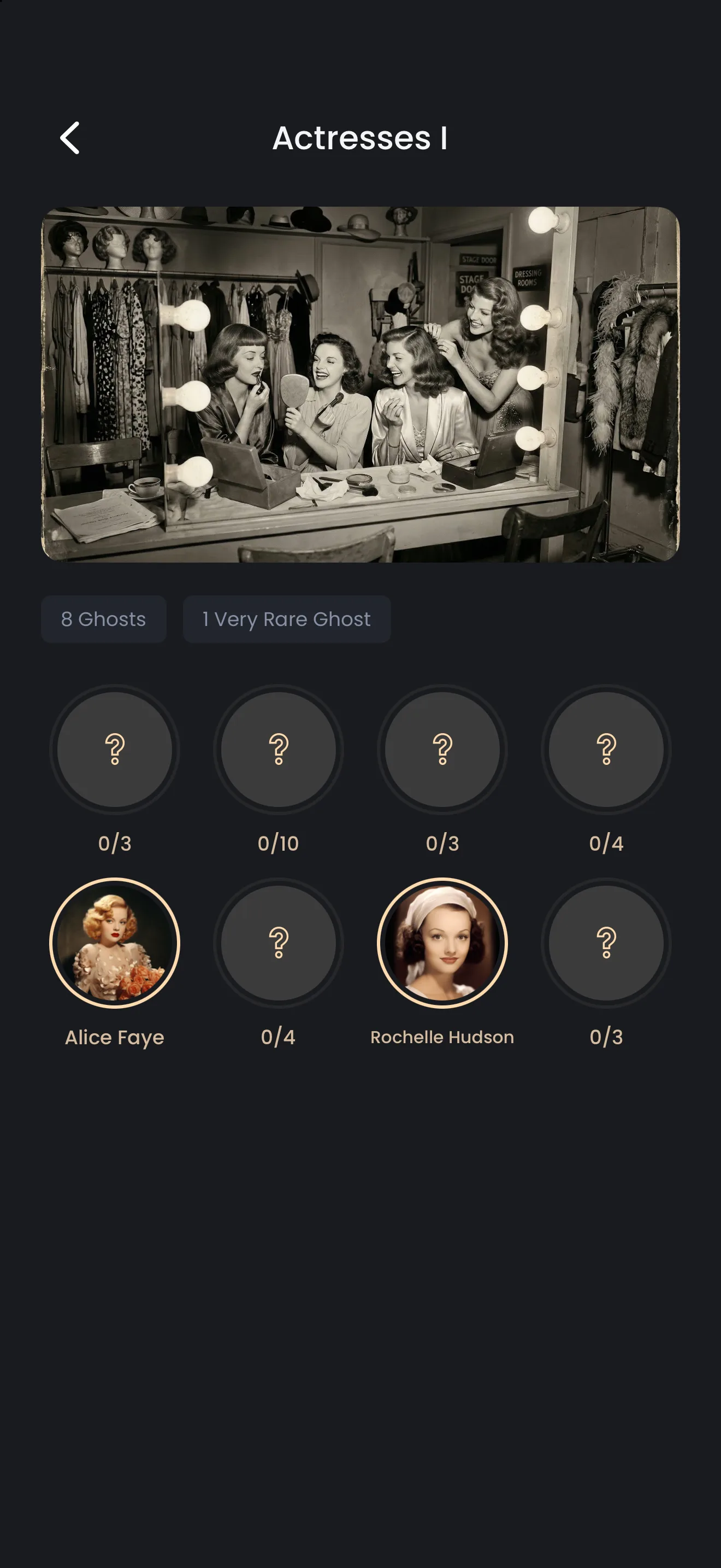 The Actresses I pack page on iPhone, with a backstage photograph, portraits of the ghosts you have caught, and question mark circles for the six still to catch.
