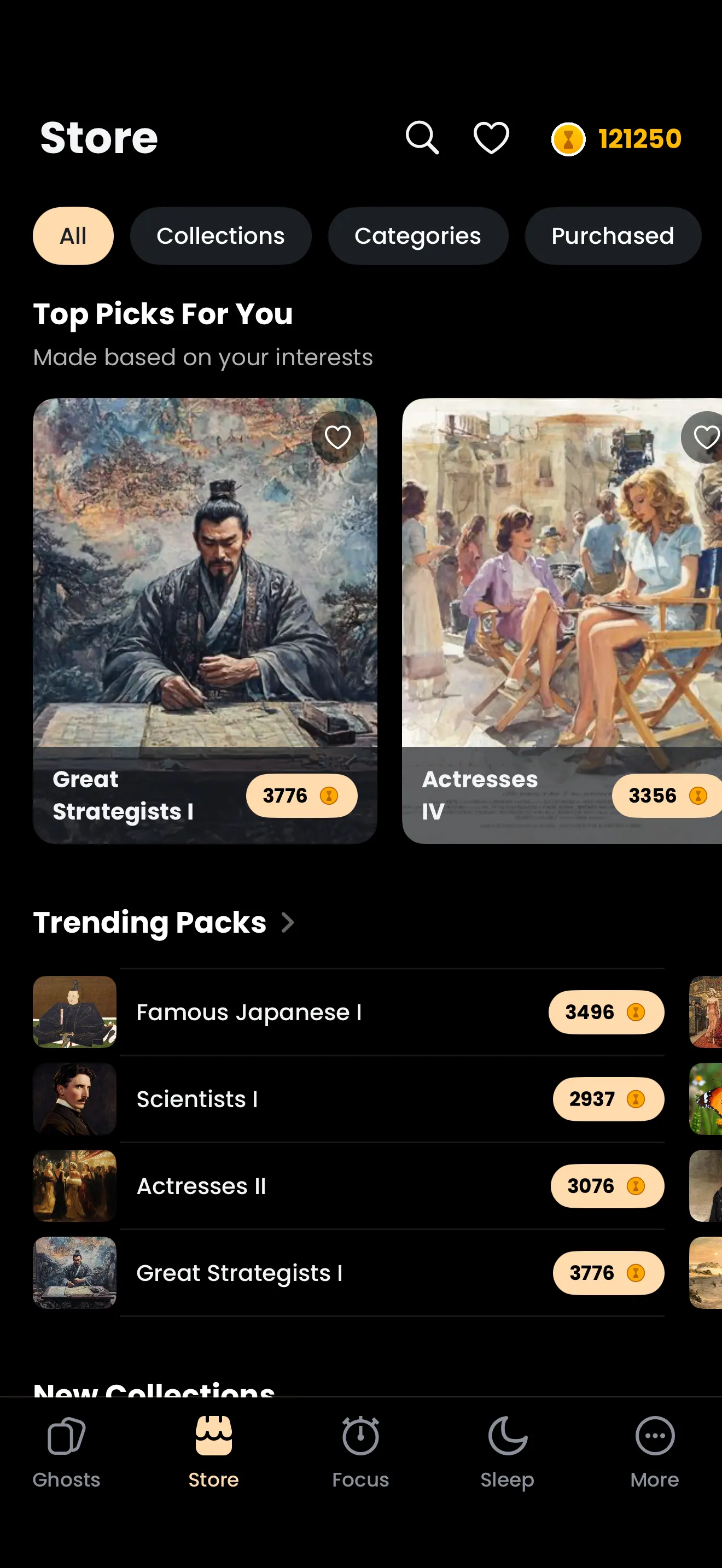 The in-app Store on iPhone, with a Top Picks For You row of pack cards, Great Strategists I and Actresses IV, above a Trending Packs list, each pack priced in coins.