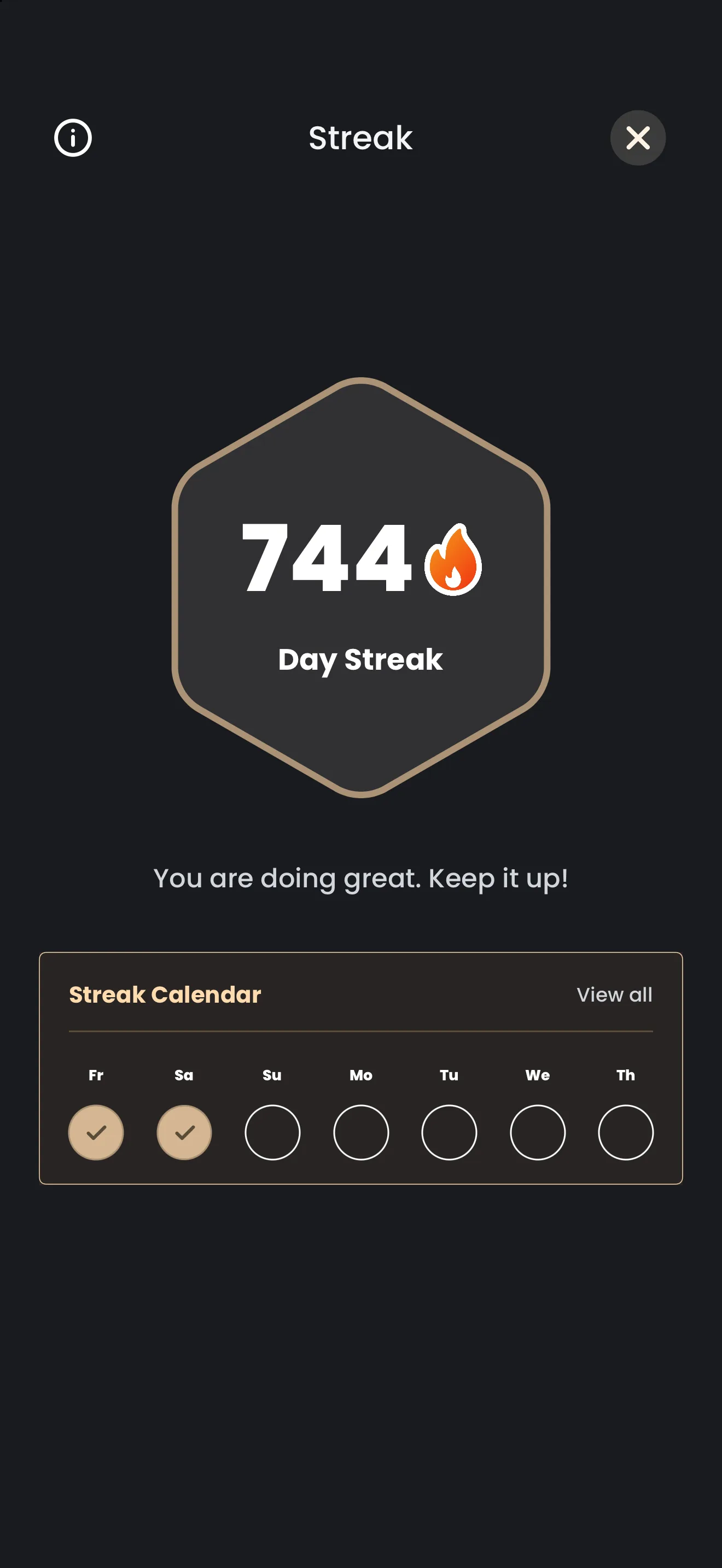 The Streak screen in the Catch the Ghost app: a 744 Day Streak inside a flame hexagon, above a Streak Calendar card with a seven-day strip.