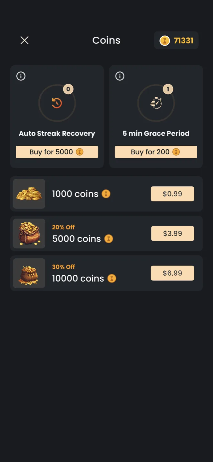 The in-app Coins store on iPhone, showing Auto Streak Recovery, a 5-minute Grace Period, and one-time coin packs at $0.99, $4.99, and $9.99.