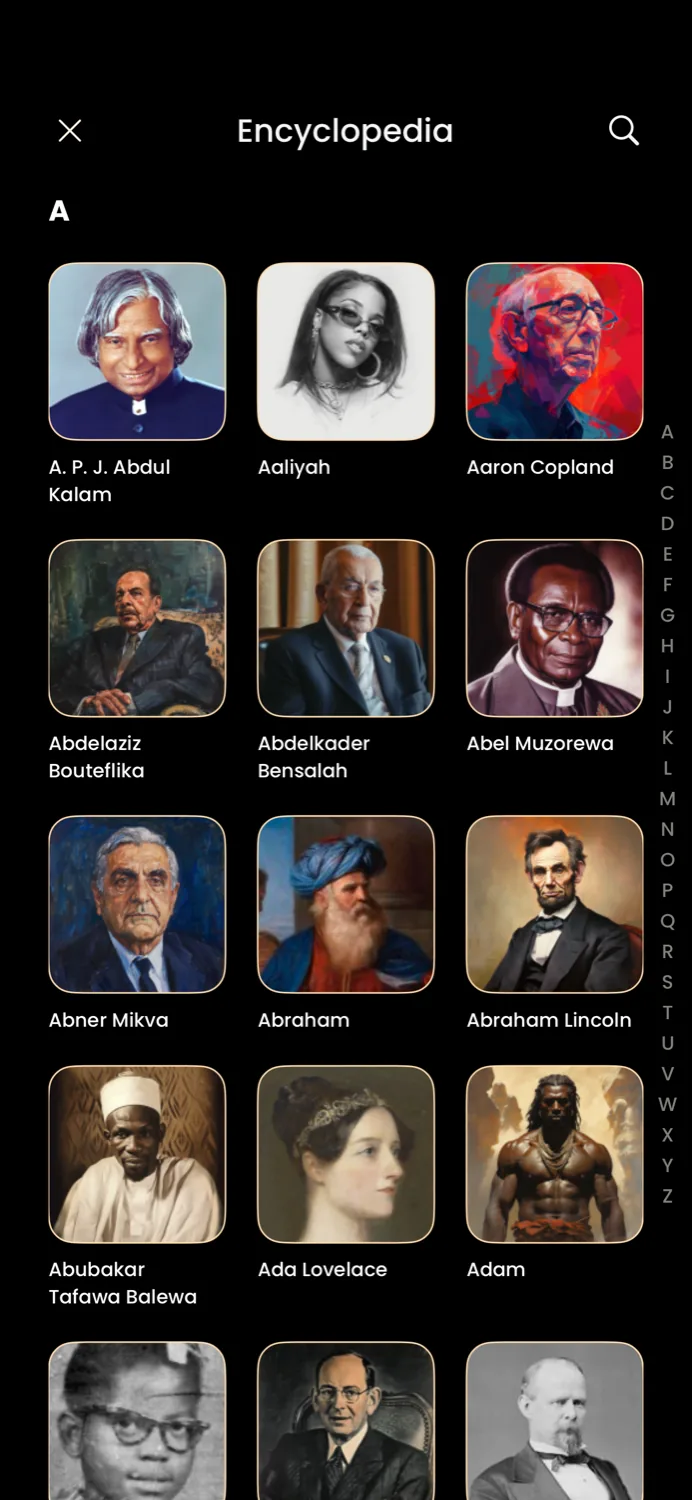 An encyclopedia of historical figures in the Catch the Ghost app, listed alphabetically from A.P.J. Abdul Kalam to Aaliyah and Aaron Copland.