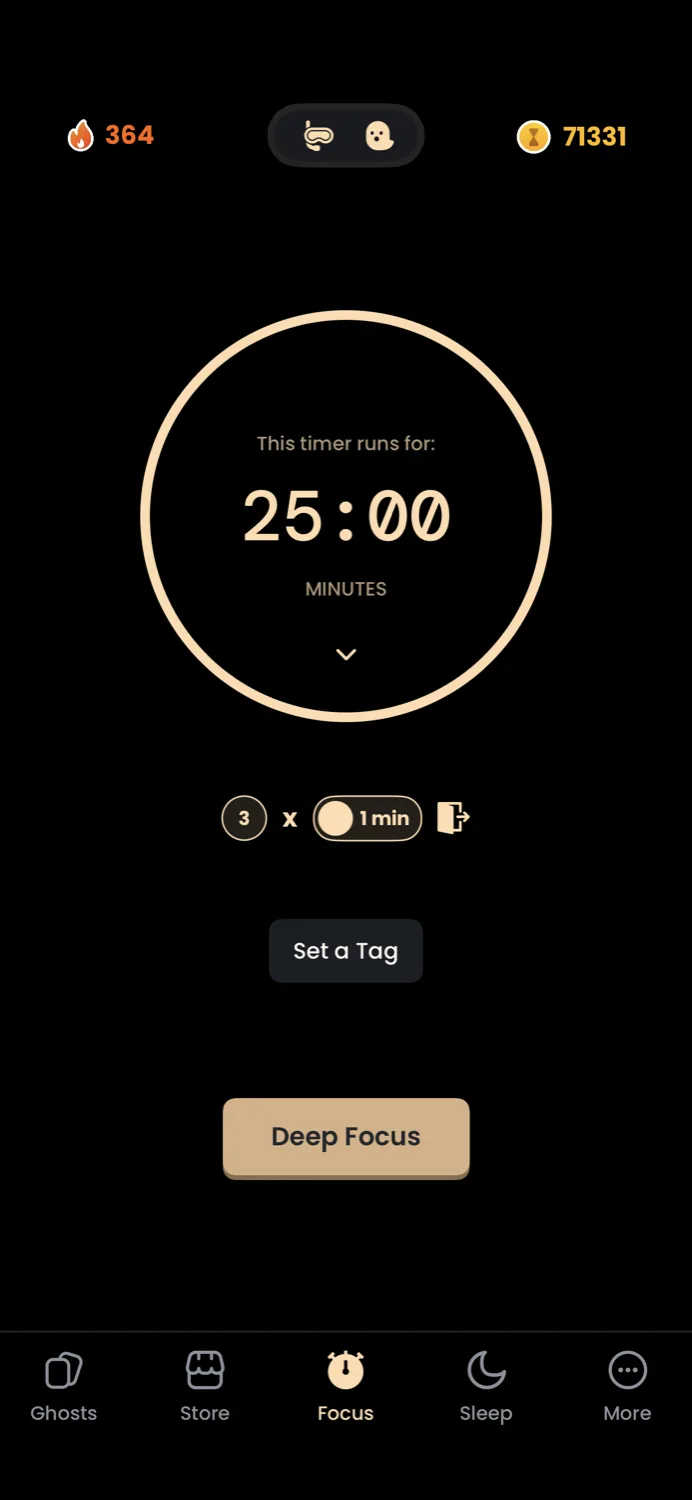 Catch the Ghost Deep Focus timer on iPhone, showing a 25-minute session with a 364-day streak.