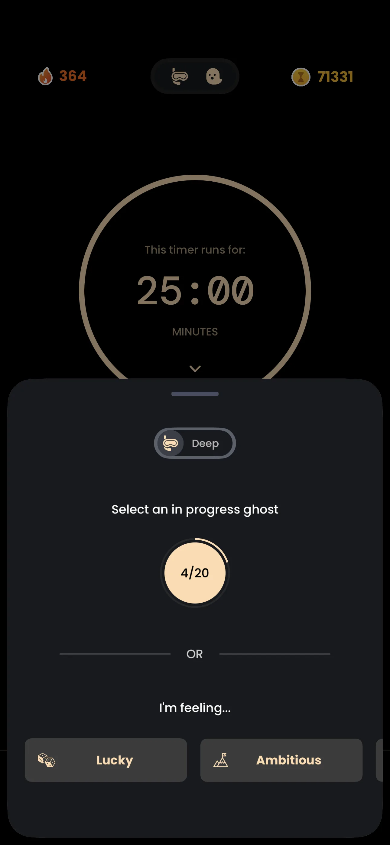 Deep Focus mode with the mood picker open: the 25-minute timer on top, a Deep Focus bottom sheet showing an in-progress ghost and mood chips like Lucky and Ambitious.
