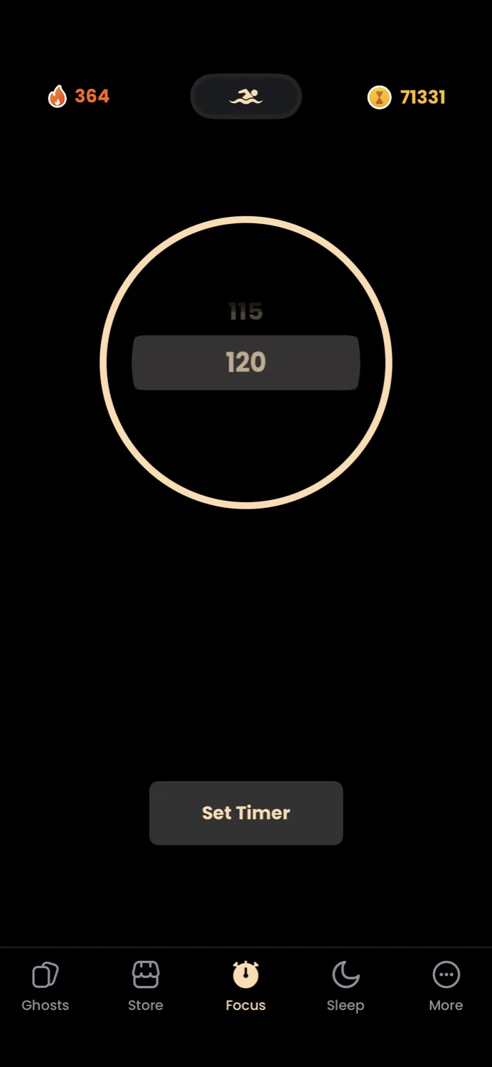 The duration picker on the Catch the Ghost focus timer, scrolling through session lengths including 115 and 120 minutes.