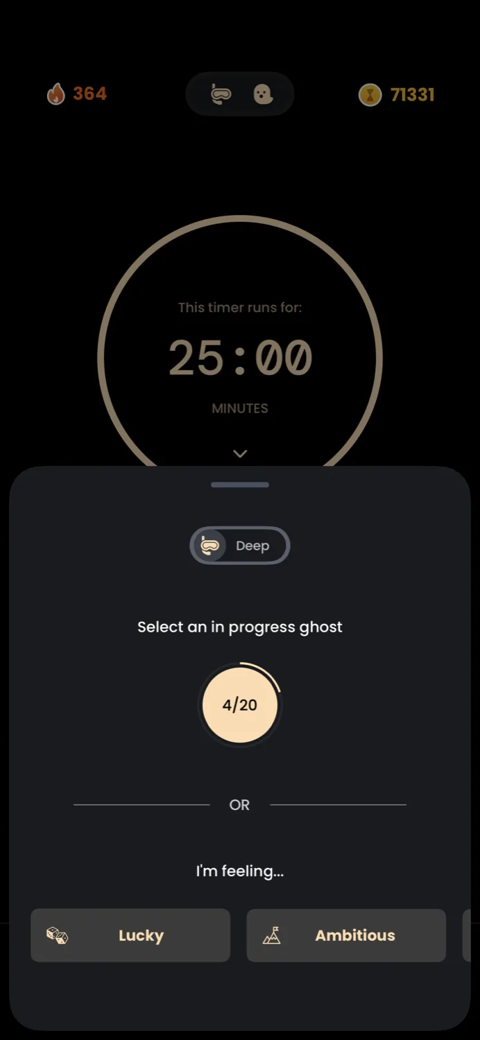 A Deep Focus session with an in-progress ghost picker, showing a 4/20 reveal and Lucky and Ambitious shortcut buttons.