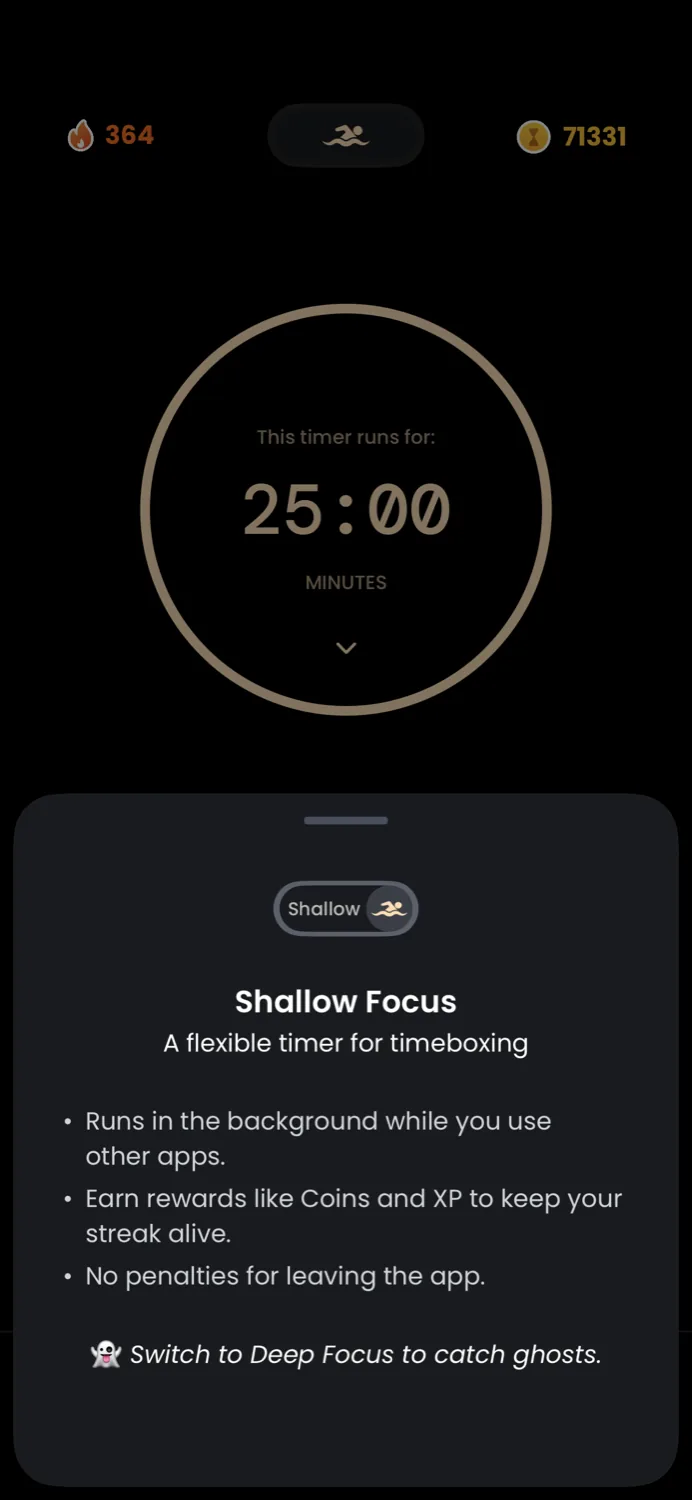 Shallow Focus mode explainer on the Catch the Ghost timer, showing the flexible timebox option.