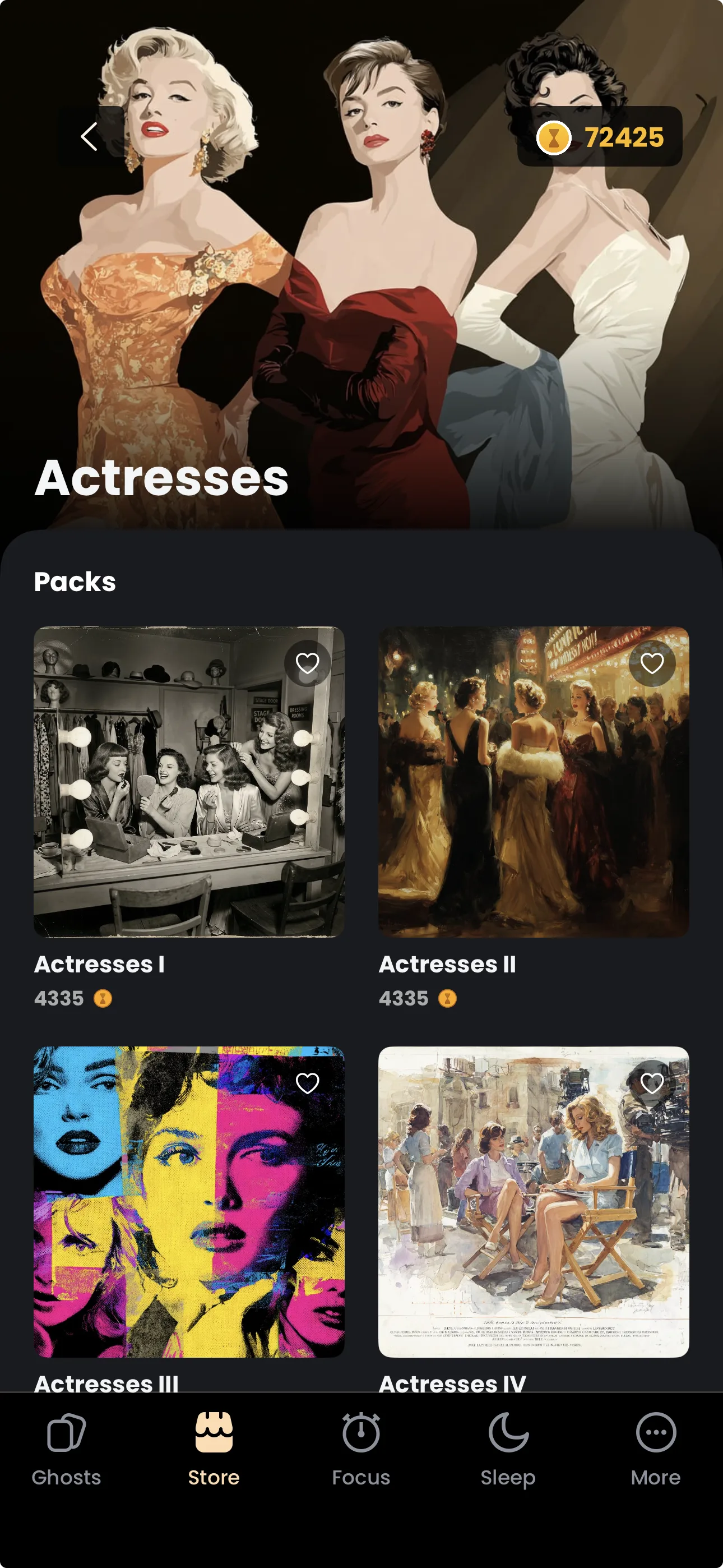 The Actresses pack detail screen on iPhone, showing themed packs you can unlock with coins earned from focus sessions.