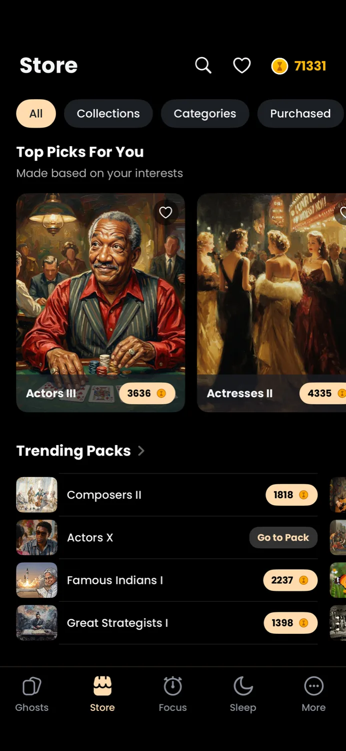 The in-app Store on iPhone, showing Top Picks and Trending Packs you can unlock with coins earned from focus sessions.