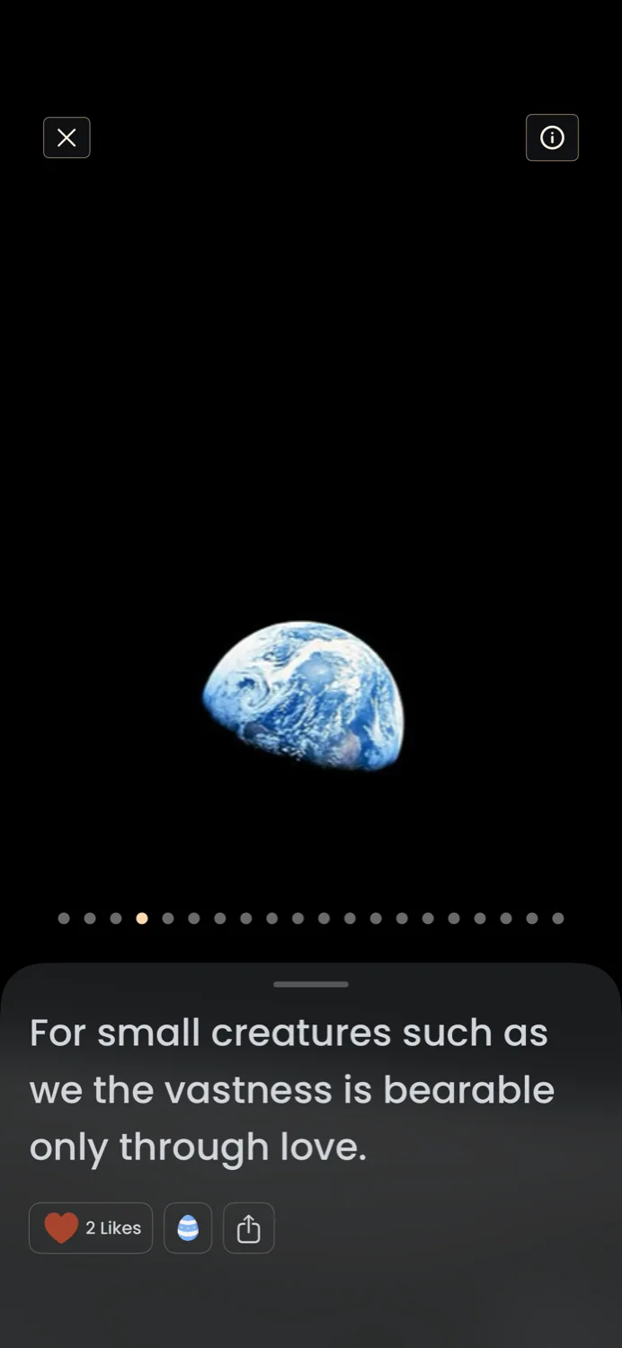 An apparition fully revealed in the Catch the Ghost app: the Earthrise photograph taken from Apollo 8, paired with a Carl Sagan quote on love and the vastness of the cosmos.