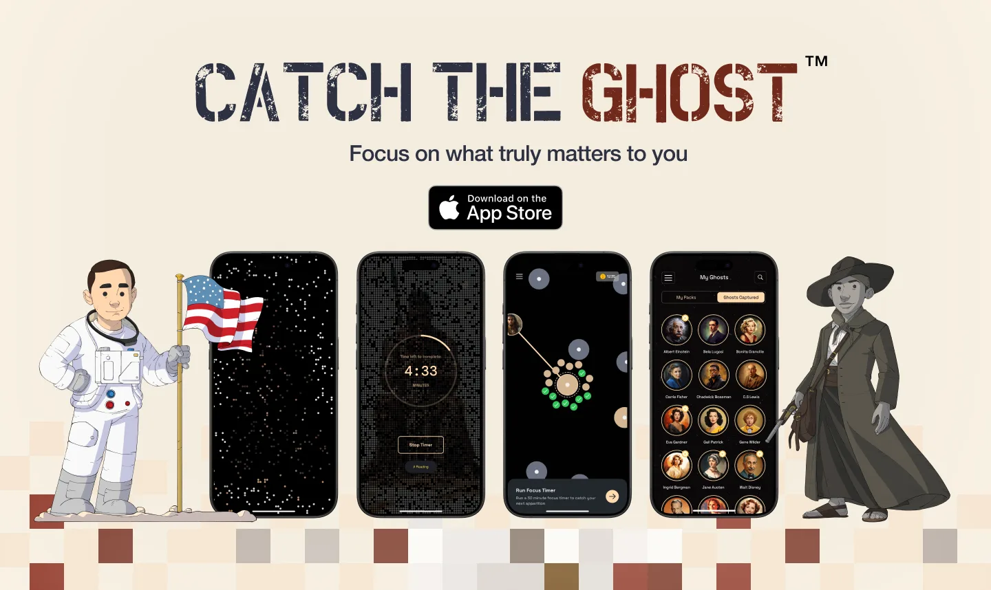 Catch the Ghost banner featuring Neil Armstrong and Harriet Tubman apparitions.