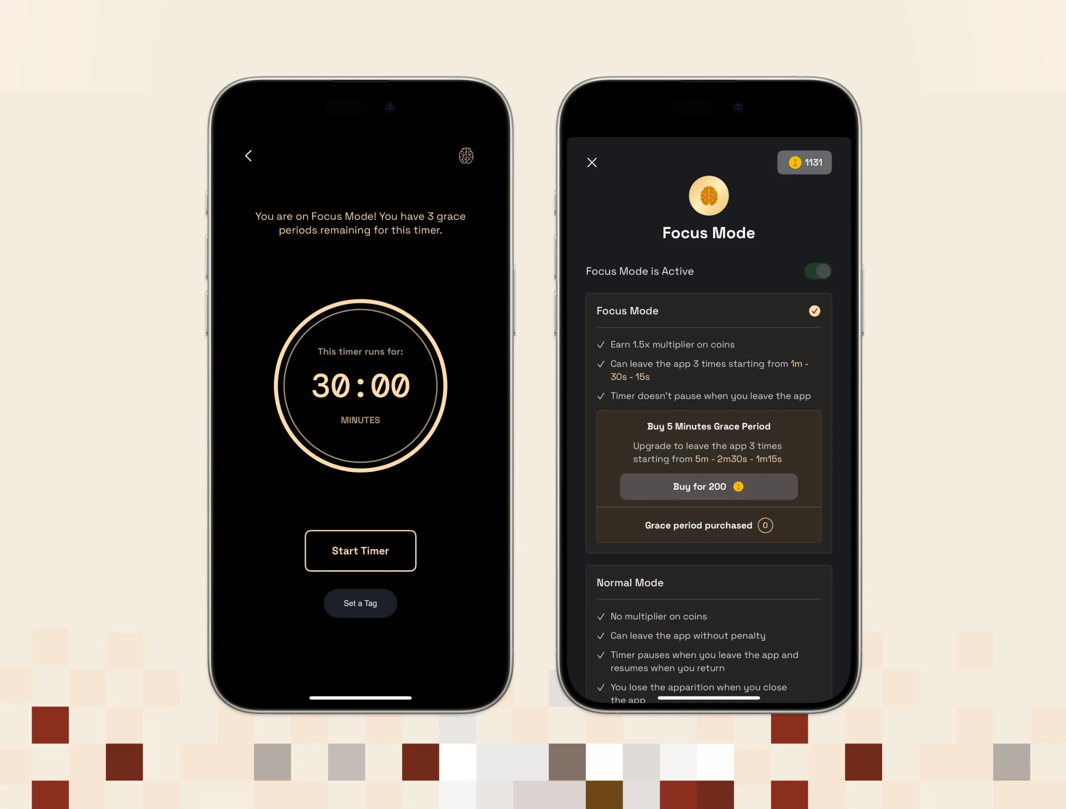 Focus Mode screen on Catch the Ghost with the brain icon highlighted.