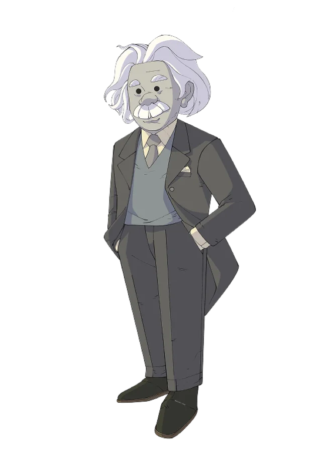 An illustrated Albert Einstein in a grey suit, the Catch the Ghost mascot of the science page.