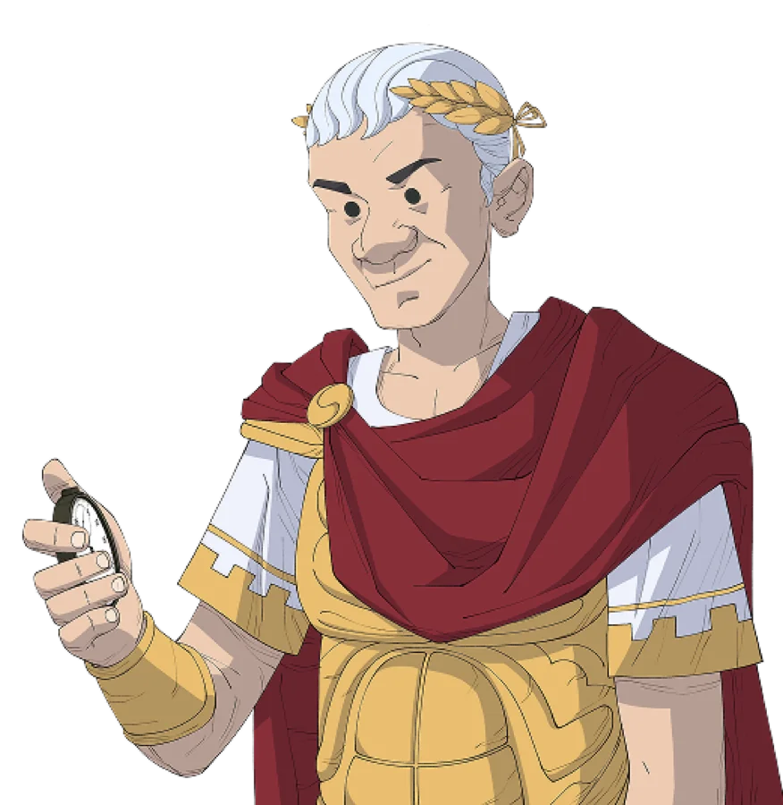 An illustrated Julius Caesar in a laurel wreath and toga, holding a pocket watch, winking.