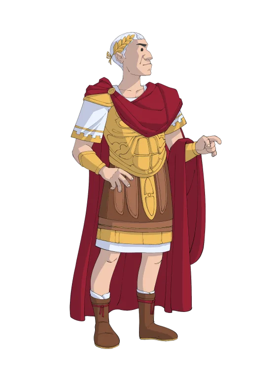 Julius Caesar, a catchable ghost in the Ancient era: Roman general in laurel crown, cuirass, and red cape.