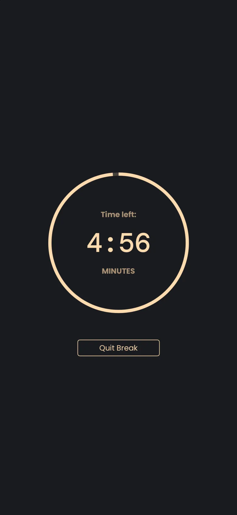 A break timer ring with the time left reading 4:56 minutes and a Quit Break button below it.
