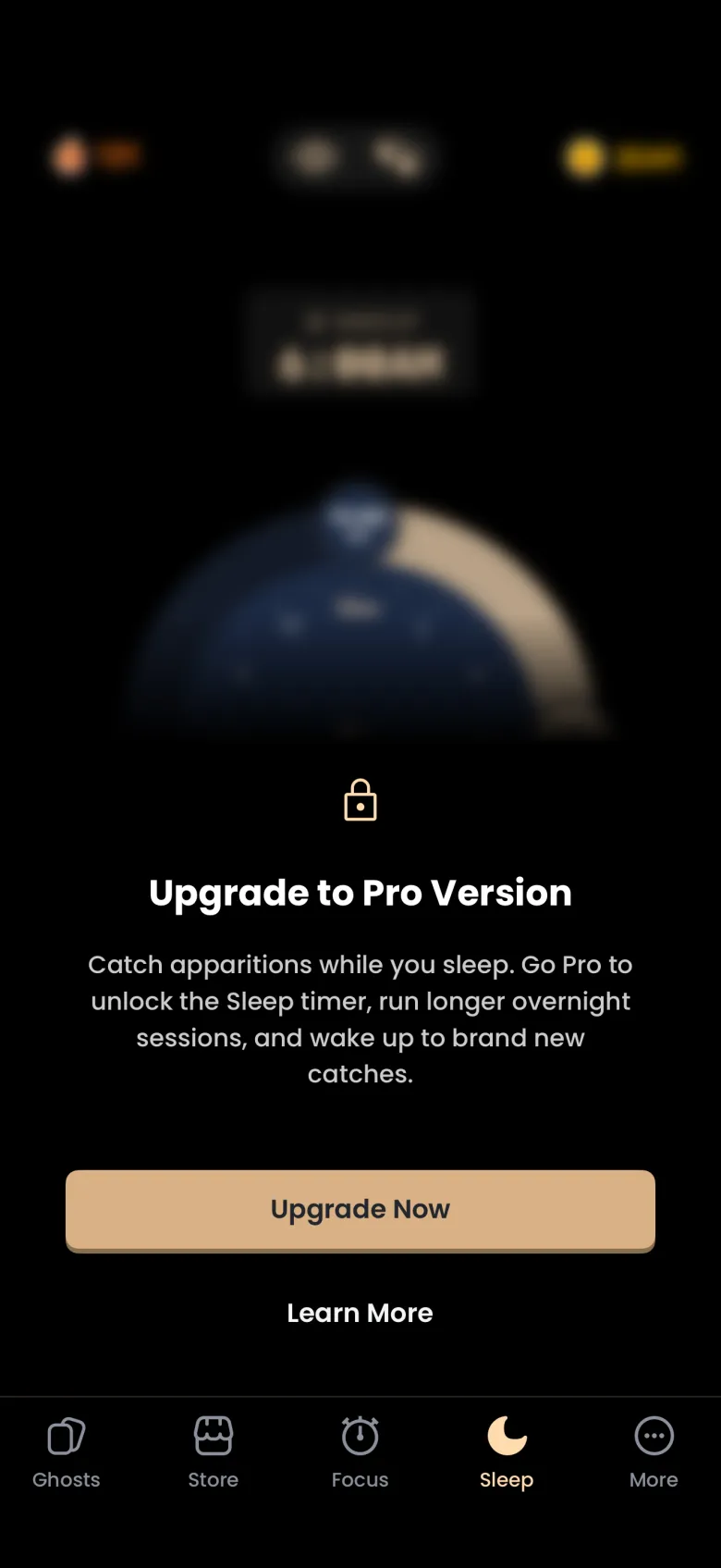 Sleep tab with a blurred timer behind a lock icon, the heading Upgrade to Pro Version, a short description about catching apparitions while you sleep, an Upgrade Now button and a Learn More link.