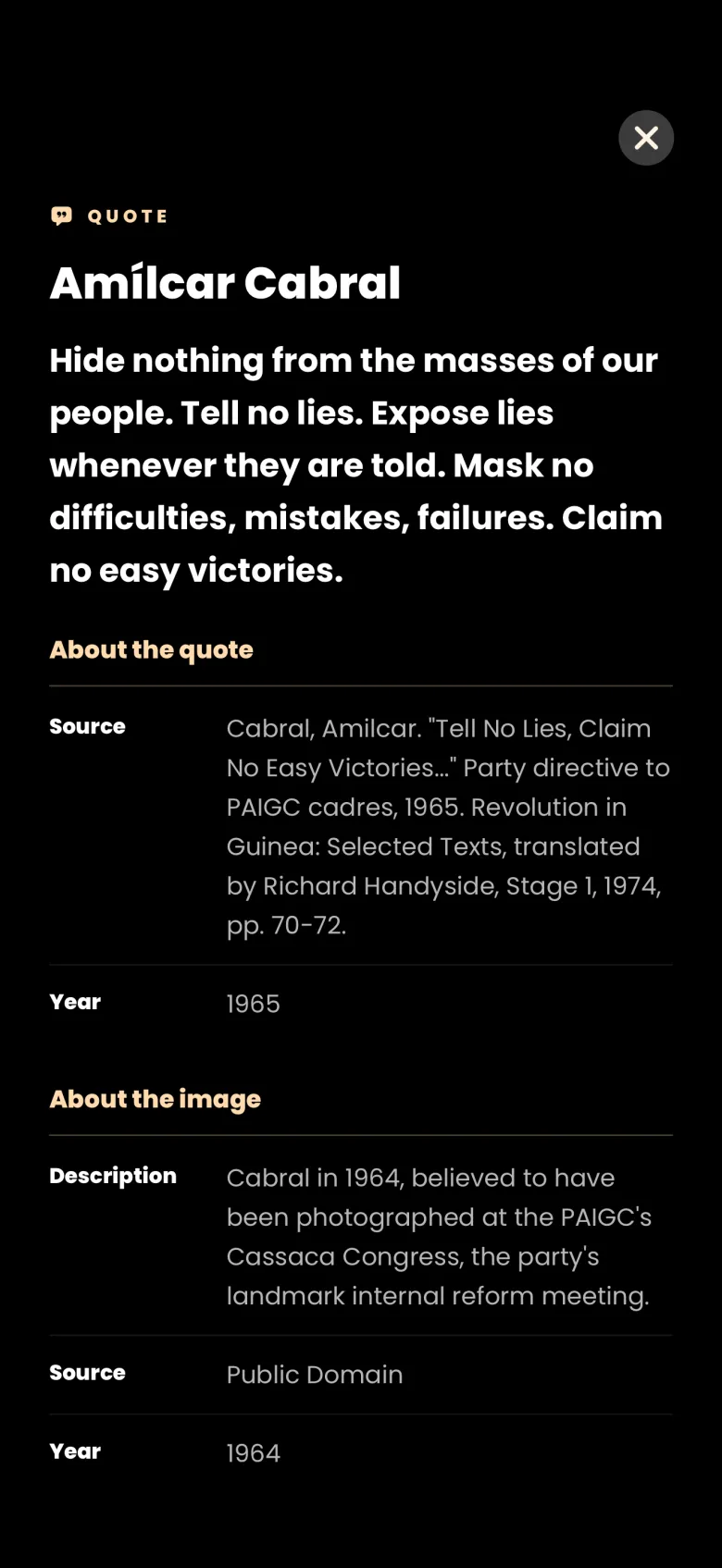 The quote details sheet for a ghost, showing the full quote, an About the quote section with a published source and the year 1965, and an About the image section with a description, a Public Domain source and the year 1964.