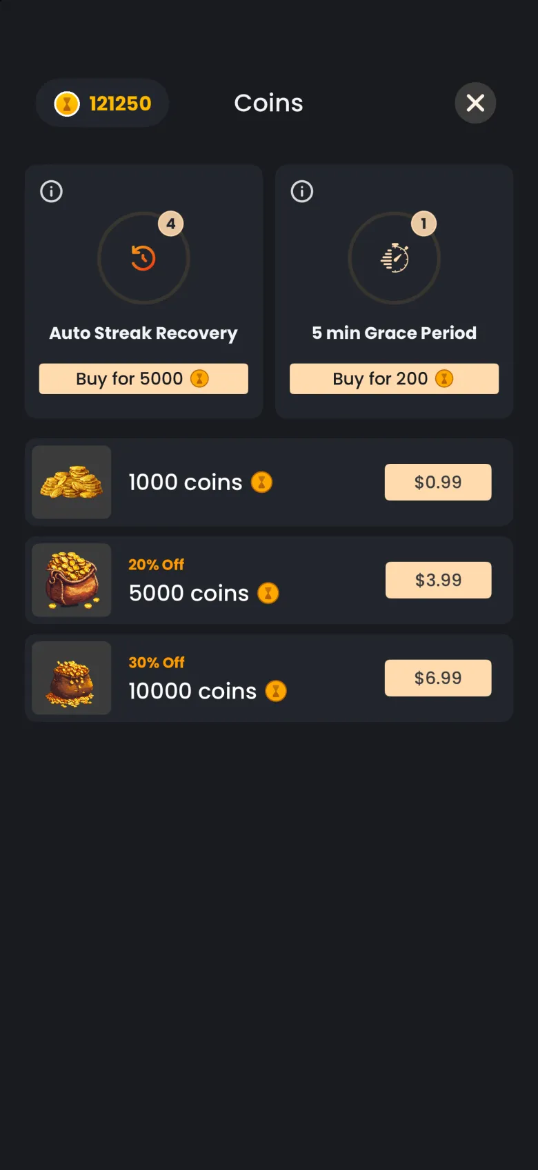 Coins page showing the balance 121250, an Auto Streak Recovery card with a badge of 4 and Buy for 5000, a 5 min Grace Period card with a badge of 1 and Buy for 200, and three coin packs of 1000, 5000 at 20% off and 10000 at 30% off, each with a price button.