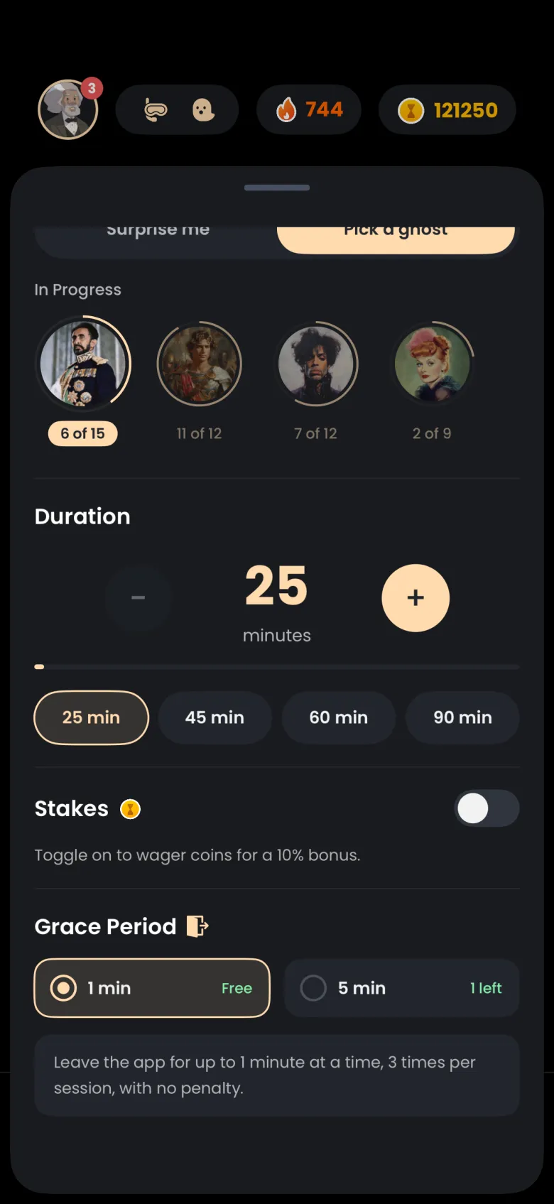 Focus settings sheet scrolled to Grace Period, with a selected 1 min card marked Free, a 5 min card marked 1 left, and text explaining you can leave for up to 1 minute at a time, 3 times per session, with no penalty.