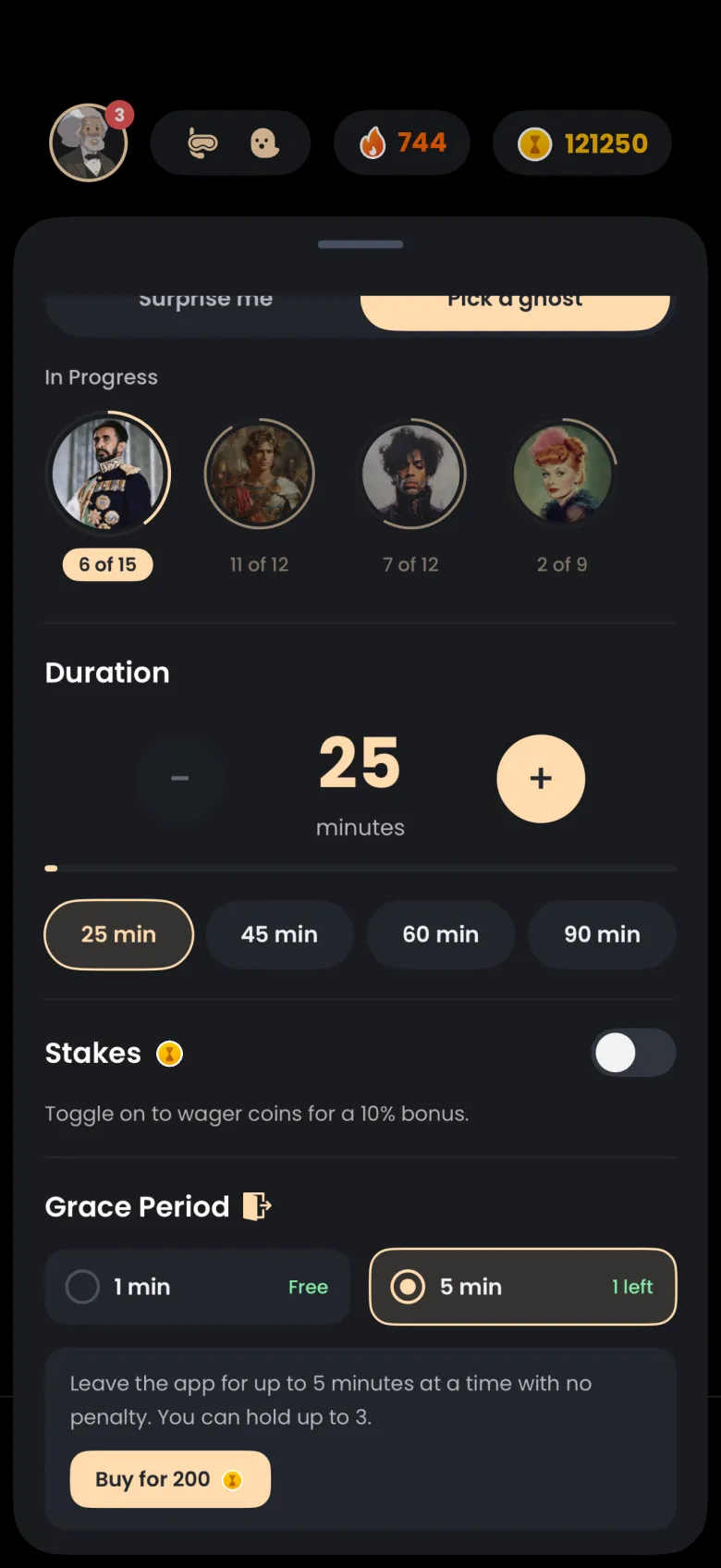 Grace Period section with the 5 min card selected and marked 1 left, text explaining you can leave for up to 5 minutes at a time and hold up to 3, and a Buy for 200 coins button.