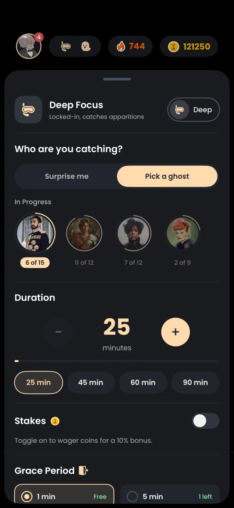The Deep Focus settings sheet over the Focus tab: Pick a ghost selected above four In Progress ghosts with chapter counts, then Duration set to 25 minutes with chips for 25, 45, 60 and 90, and a Stakes switch.