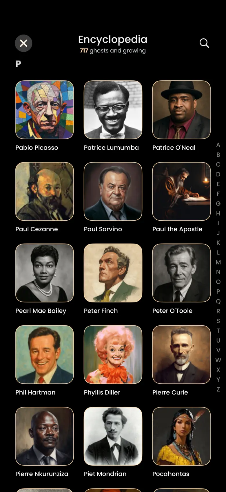 Encyclopedia scrolled to section P with Pablo Picasso, Patrice Lumumba, Patrice O'Neal, Paul Cezanne, Pierre Curie and others, and the A to Z index on the right.