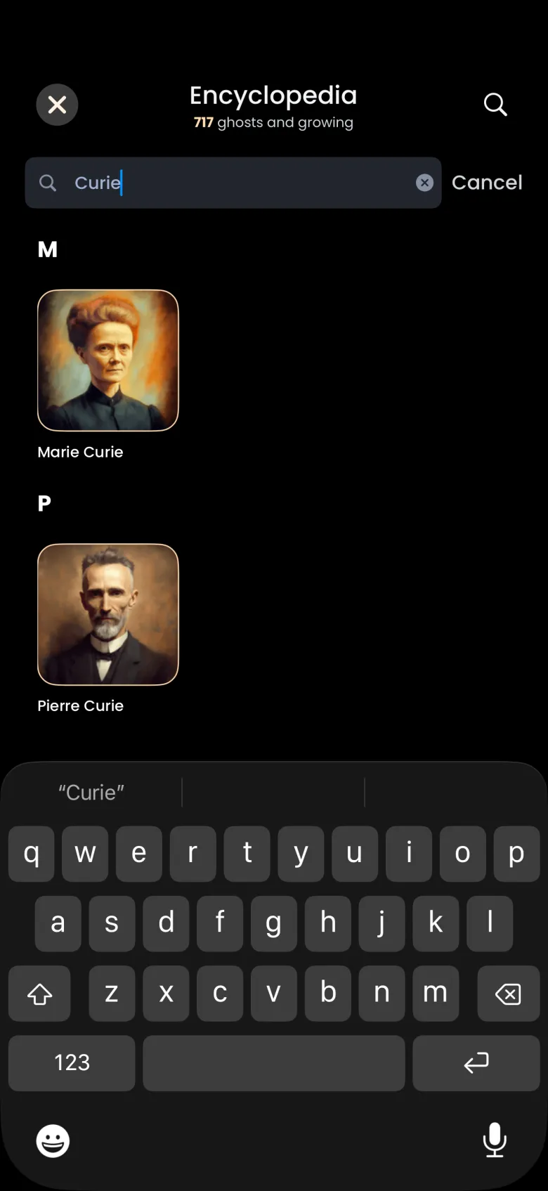 Encyclopedia with Curie in the search field and two results, Marie Curie under M and Pierre Curie under P, above the keyboard.