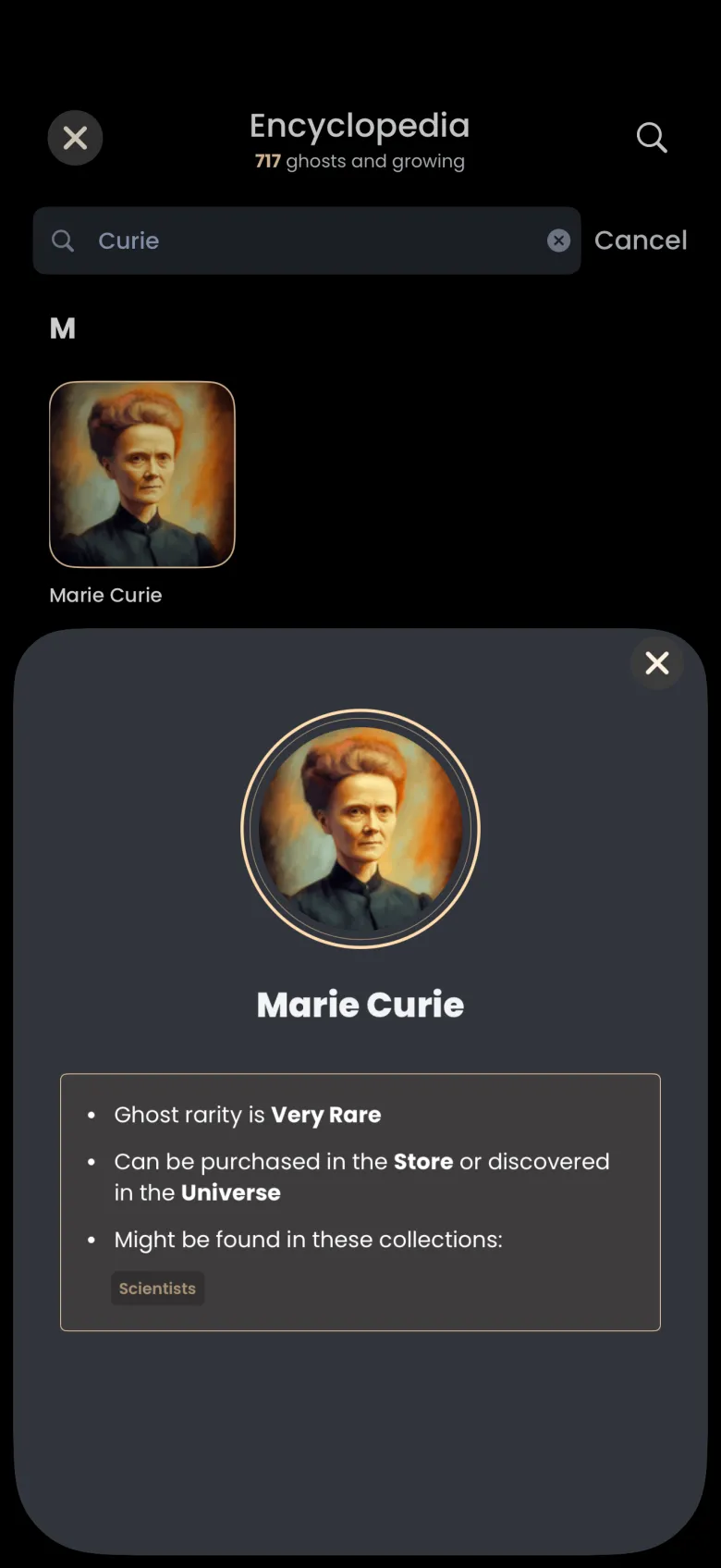 Sheet with a round portrait of Marie Curie and three notes: Ghost rarity is Very Rare, Can be purchased in the Store or discovered in the Universe, and Might be found in these collections: Scientists.