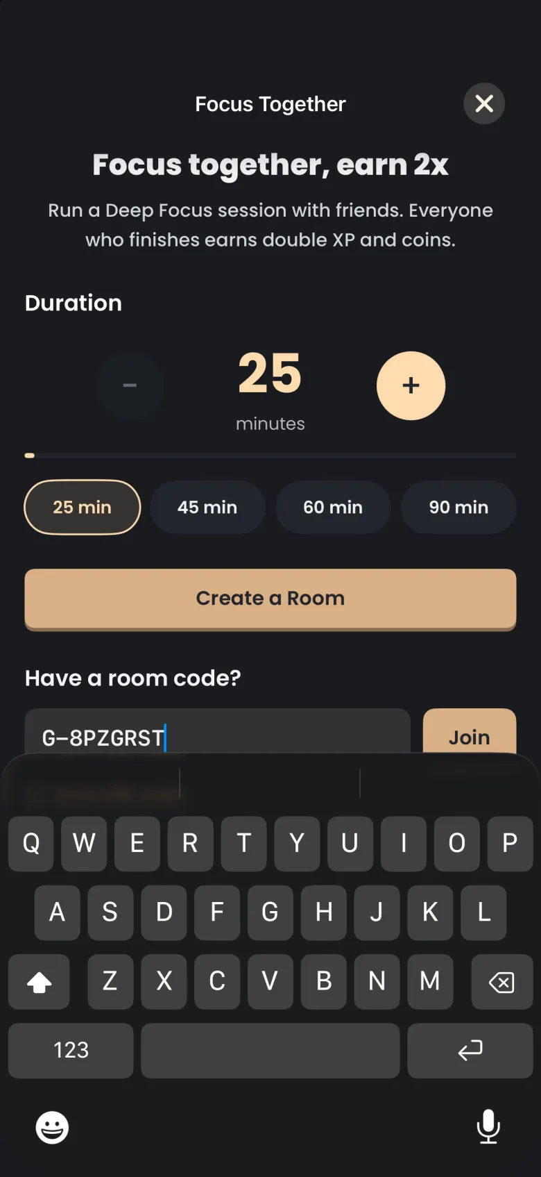 Focus Together setup screen on your friend's phone with the room code field filled in and a gold Join button, with the keyboard open below.