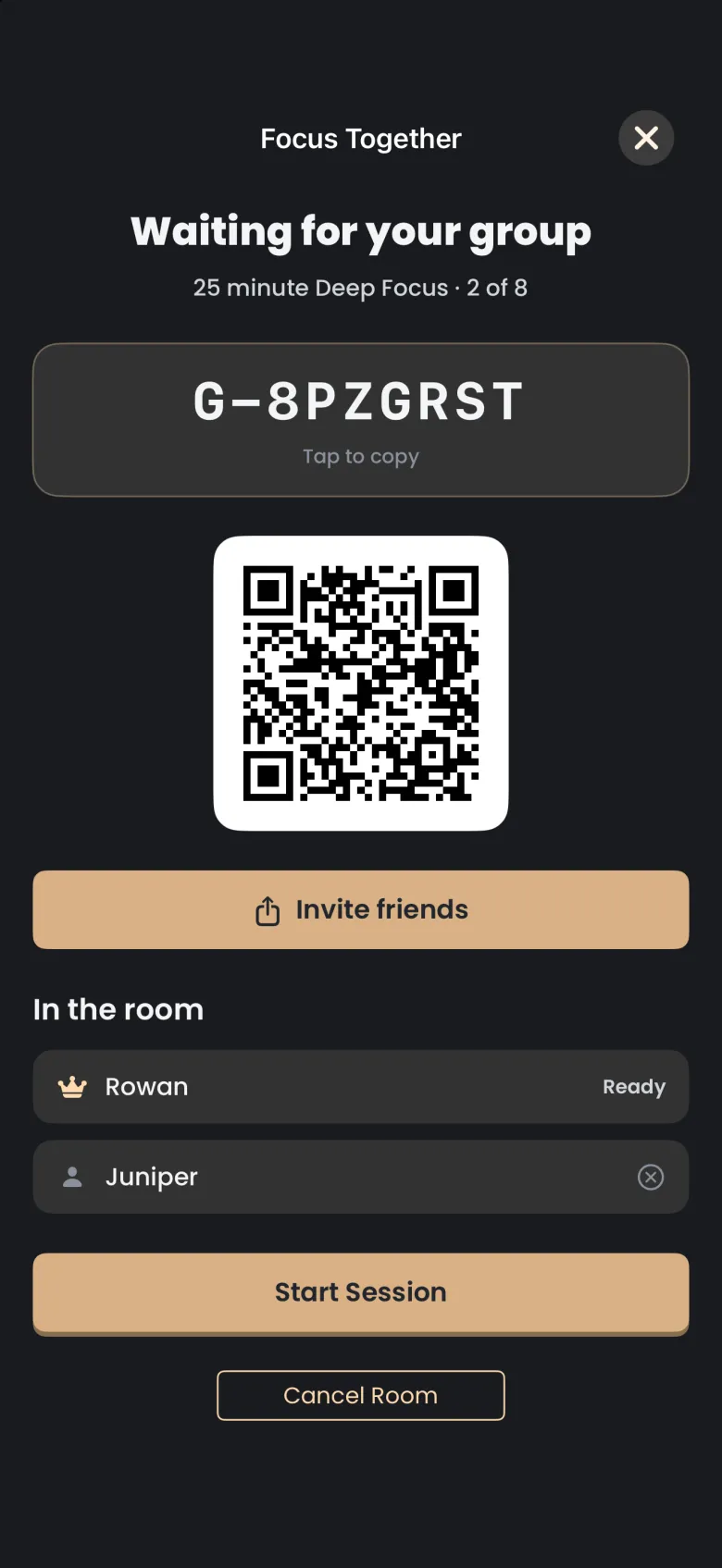 Lobby roster for a 25 minute Deep Focus showing 2 of 8, listing you with a crown and your friend with a remove button, above a Start Session button and Cancel Room.