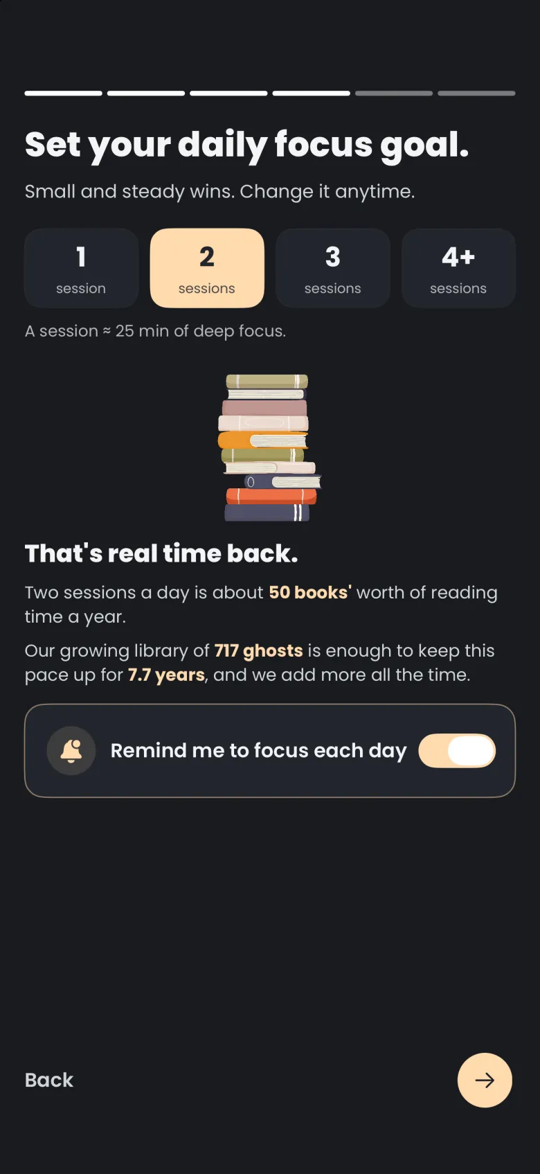 Daily focus goal screen with chips for 1, 2, 3 and 4 plus sessions, 2 selected, a stack of books, copy saying two sessions a day is about 50 books' worth of reading time a year and how many years the library of ghosts would last at that pace, and a Remind me to focus each day switch turned on.