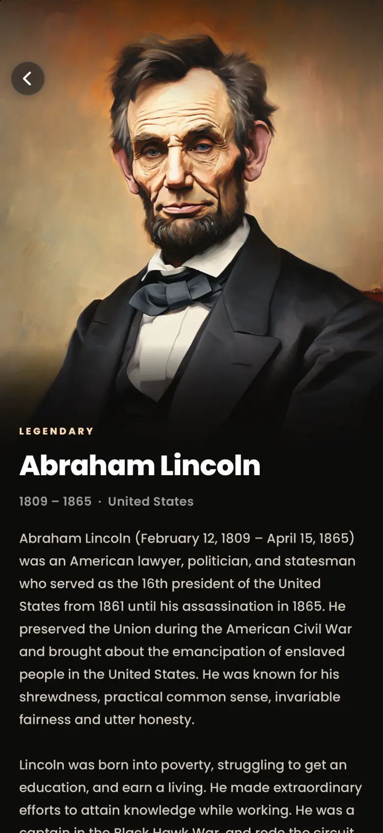 Abraham Lincoln ghost page with a painted portrait filling the top half, the gold label LEGENDARY, the name Abraham Lincoln, 1809 to 1865 United States, and the start of his biography.