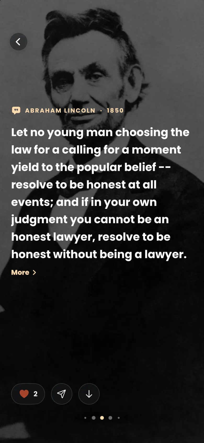 Apparition with the Abraham Lincoln quote beginning Let no young man choosing the law, and a filled red heart with the count 2 at the bottom left.