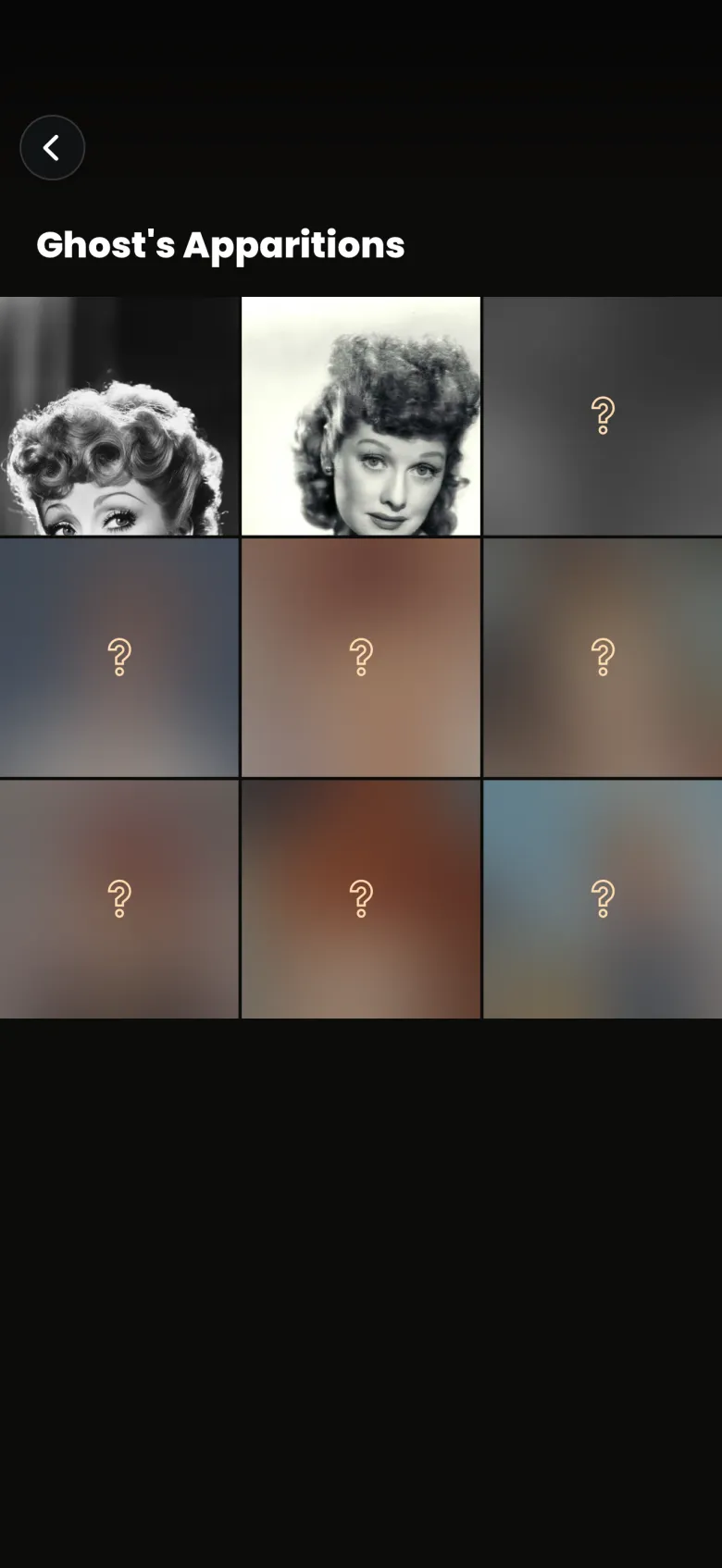 Ghost's Apparitions page with two black and white portraits of a curly-haired actress at the top left and seven blurred tiles each marked with a gold question mark.