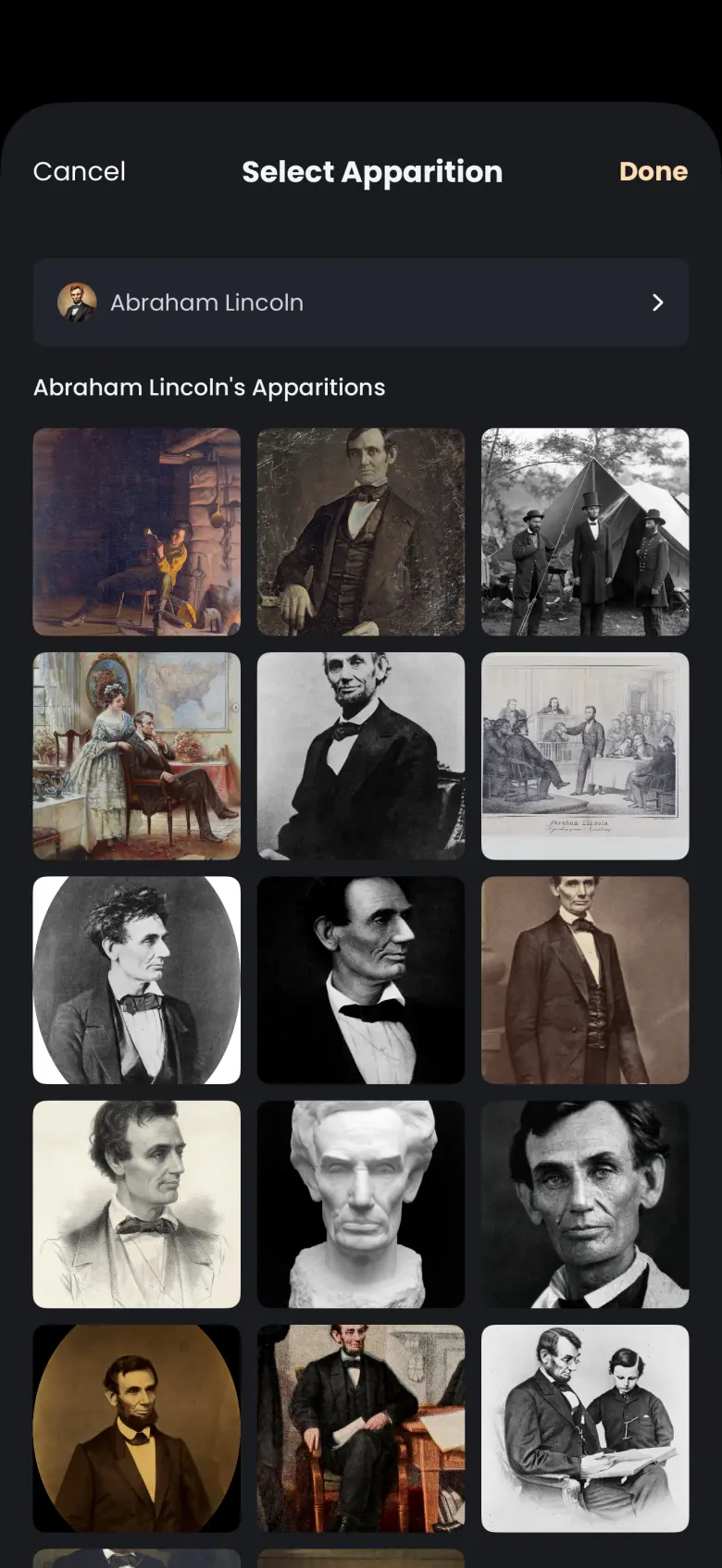 Select Apparition sheet with Abraham Lincoln chosen and a three-column grid of his apparitions: paintings, engravings, photographs and a bust.