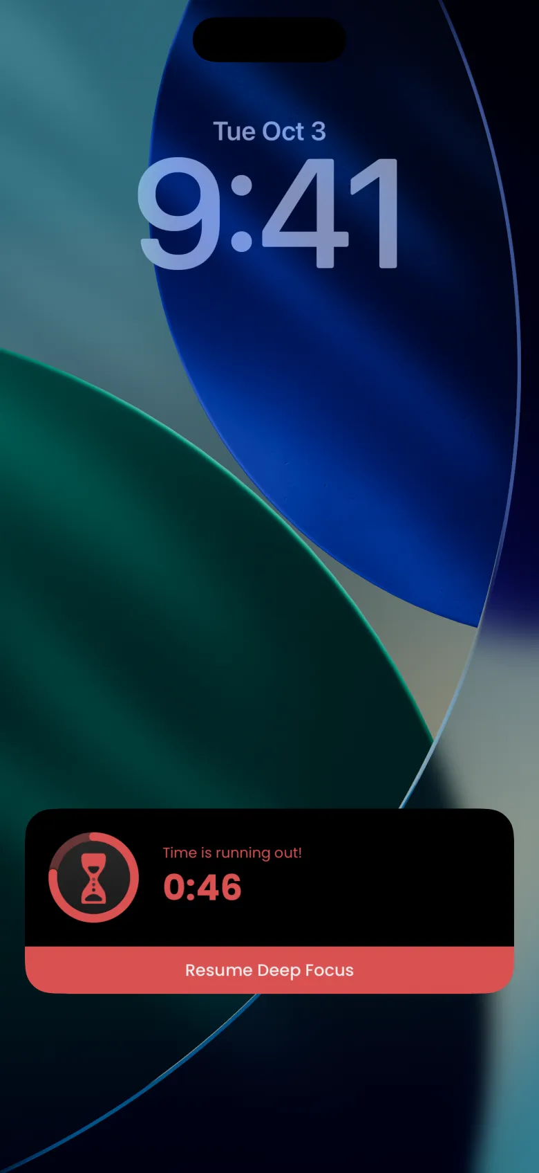 An iPhone lock screen with a Catch the Ghost Live Activity: a red hourglass in a ring, the words Time is running out above a 0:46 countdown, and a red Resume Deep Focus bar underneath.