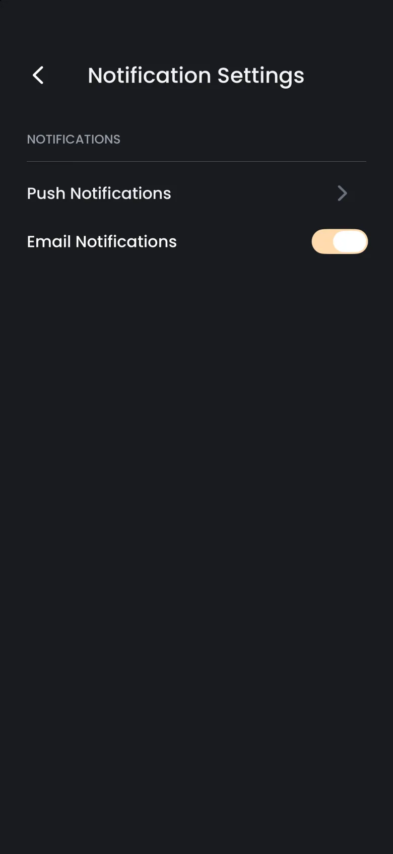 Notification Settings screen with a Push Notifications row with a chevron and an Email Notifications switch that is on.
