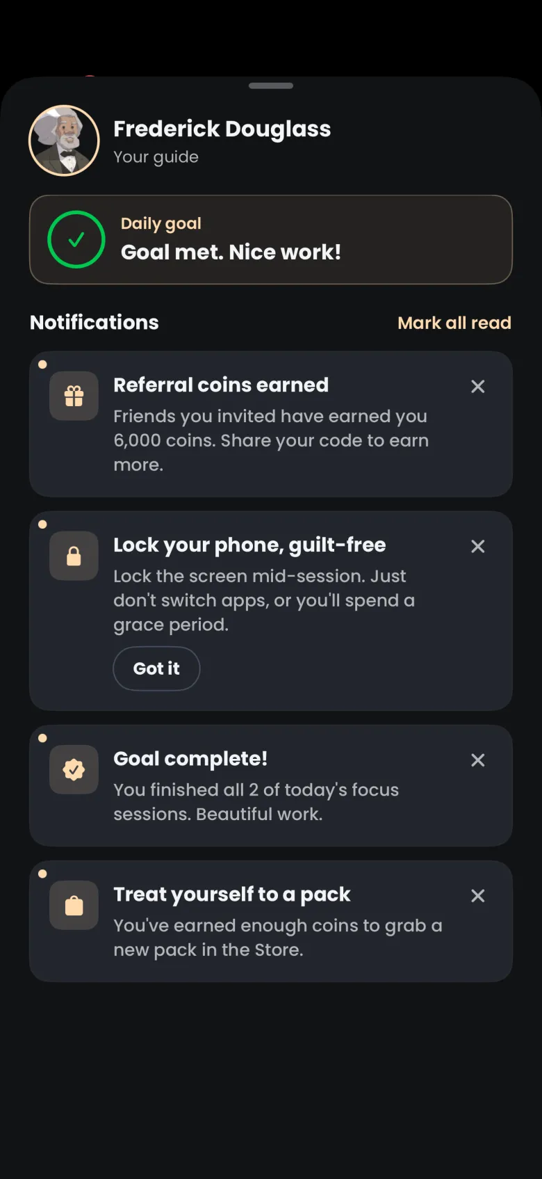 Guide sheet for Frederick Douglass showing a Daily goal card reading Goal met and a Notifications list with four in-app notification cards and a Mark all read link.