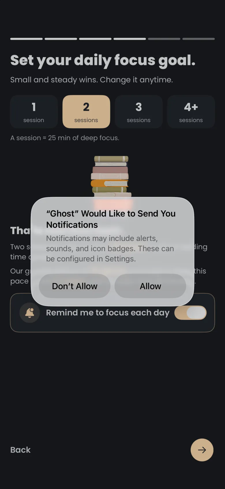 System alert asking whether Ghost may send notifications, with Don't Allow and Allow buttons, over the dimmed daily goal screen.