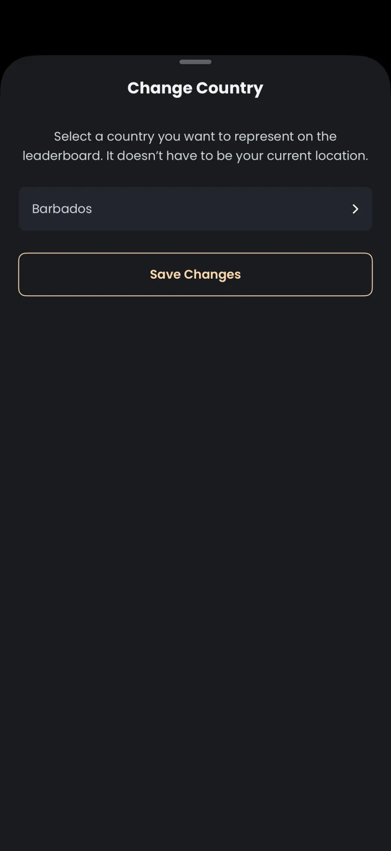 Change Country sheet with the text Select a country you want to represent on the leaderboard. It doesn't have to be your current location, a Barbados row with a chevron and a Save Changes button.
