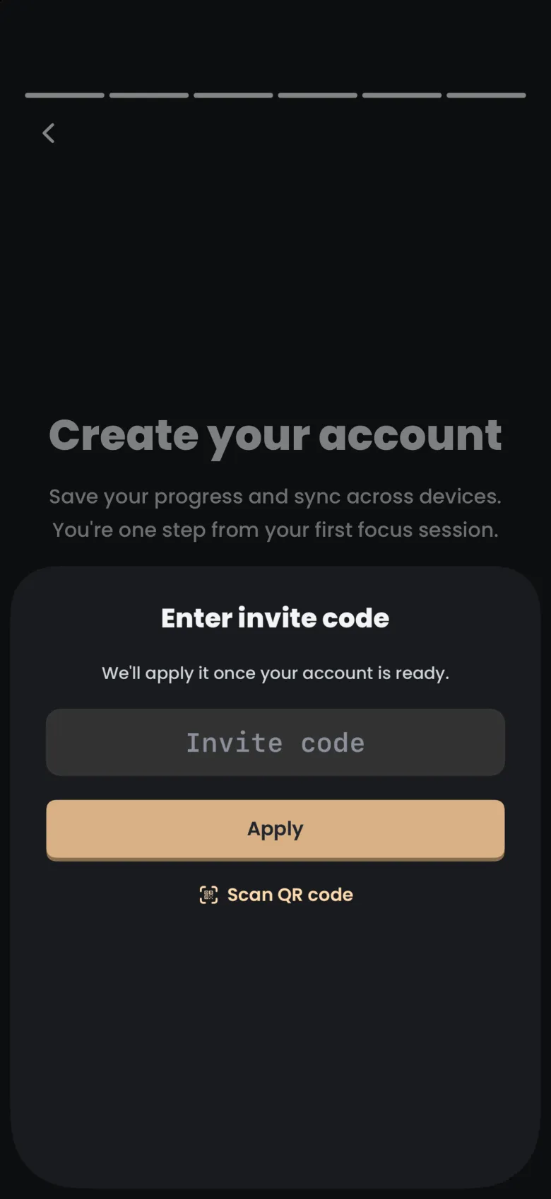 Enter invite code sheet over the dimmed Create your account screen, with the line We'll apply it once your account is ready., an invite code field, an Apply button and a Scan QR code link.