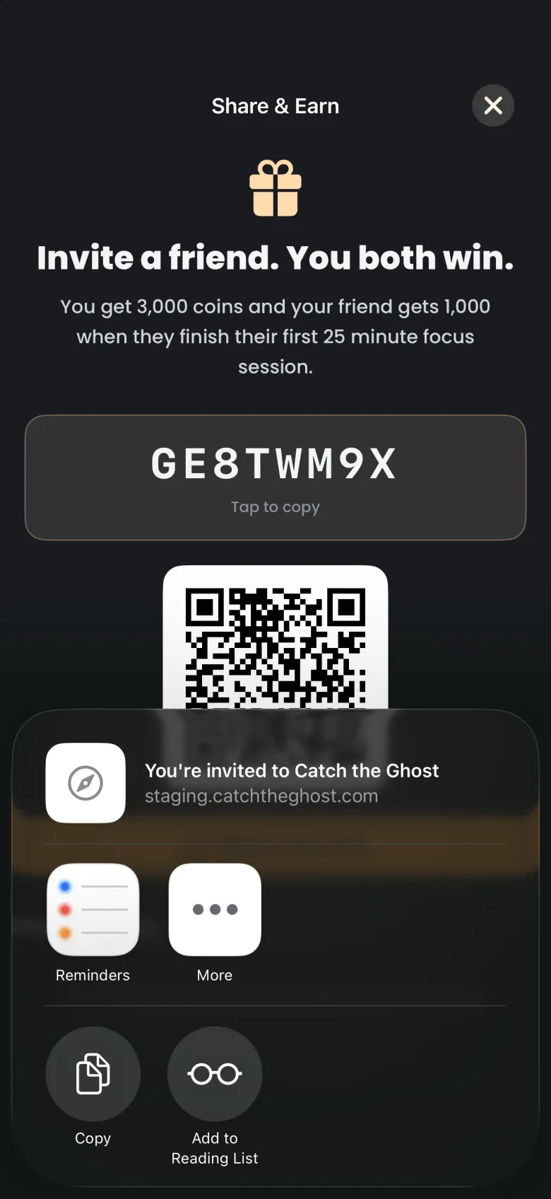 System share sheet over Share & Earn with a link preview titled You are invited to Catch the Ghost, and Reminders, More, Copy and Add to Reading List actions.