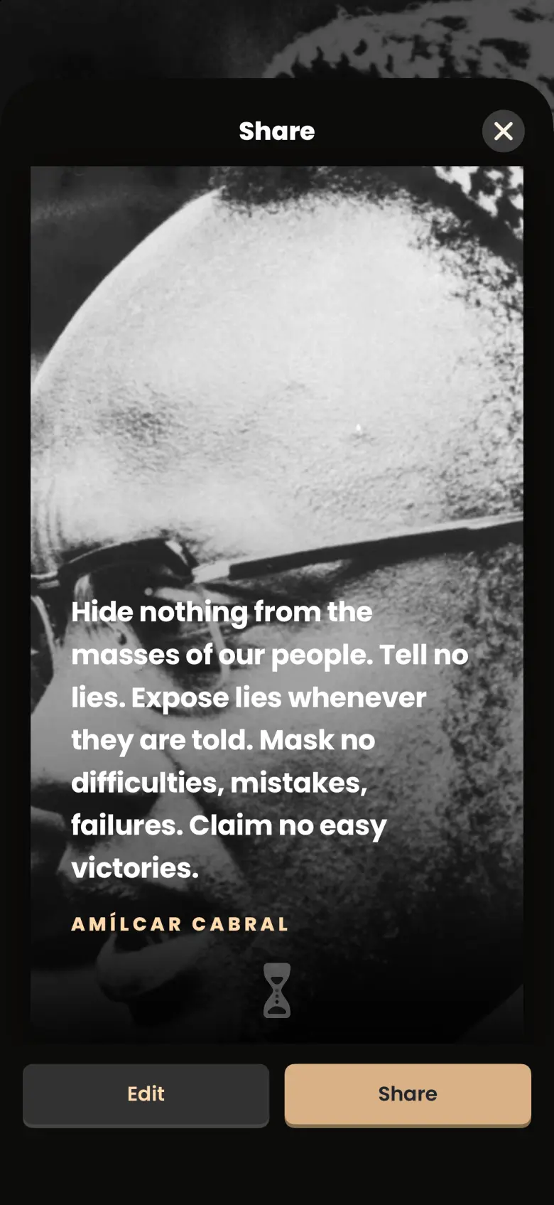 A large preview of the share card, with the quote in white text over a black and white photograph, the ghost's name in gold beneath it, and Edit and Share buttons.