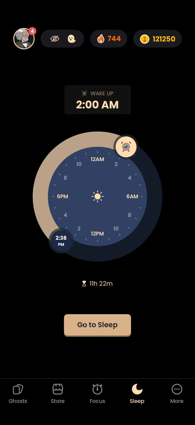 The same dial with the alarm-clock handle moved around to a later wake-up time, the WAKE UP card and the duration line both updated.